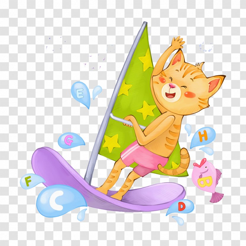 Cat Cartoon Illustration - Fictional Character - Surfer Transparent PNG