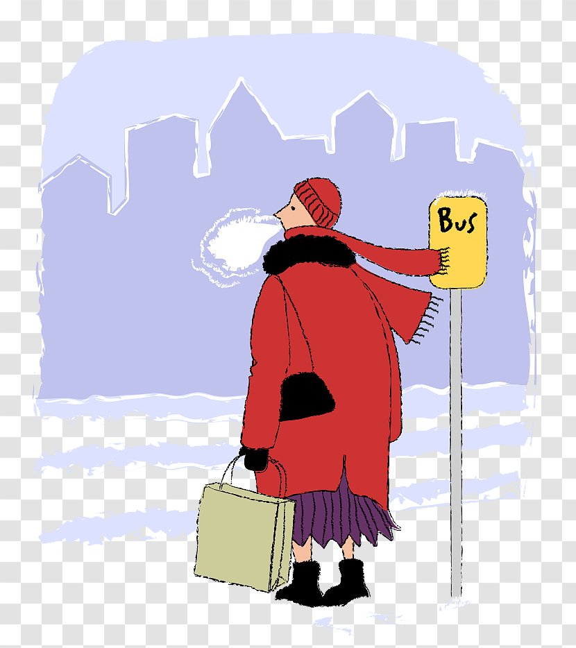 Bus Stop Illustration - Woman - A Figure Of Car Waiting For The In Winter Transparent PNG