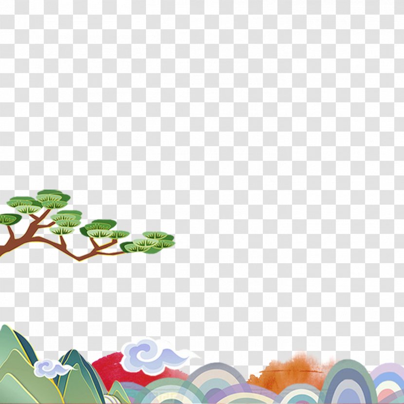 Shan Shui Cartoon Ink Wash Painting - Gongbi - Pine Mountain Transparent PNG