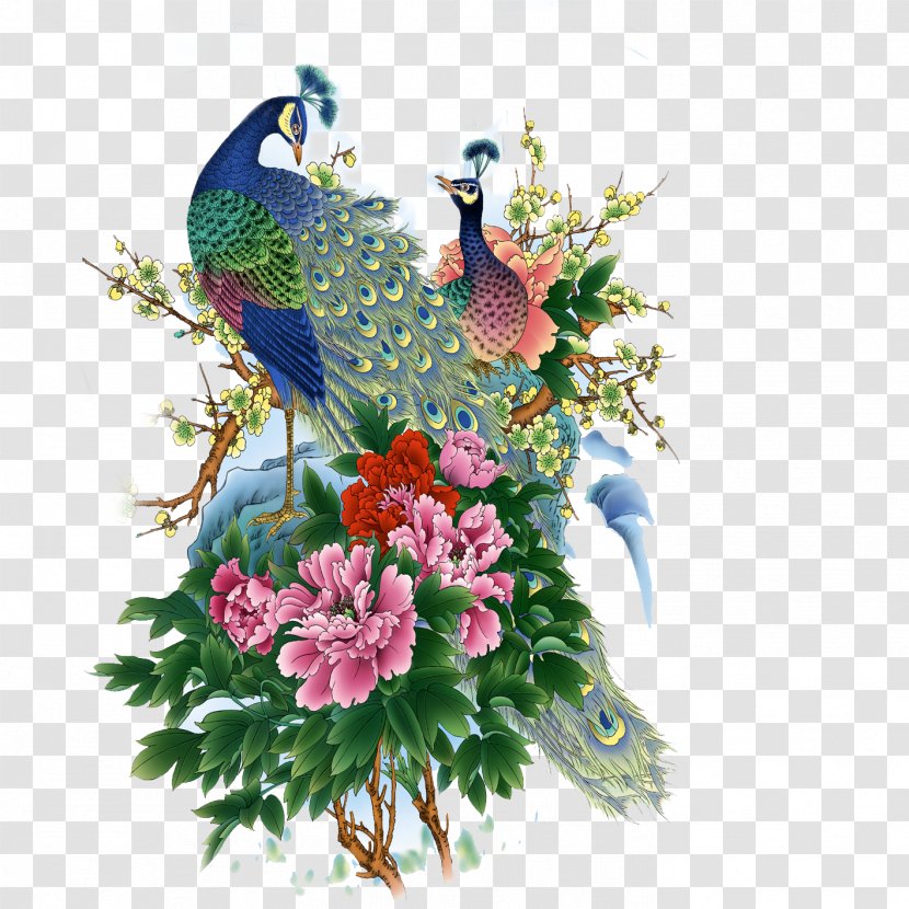Asiatic Peafowl Bird Painting - Birds And Flowers Transparent PNG