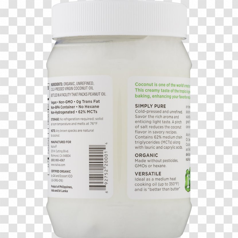 Coconut Oil Nutiva Ounce Organic Food - Virginity - Natural Transparent PNG