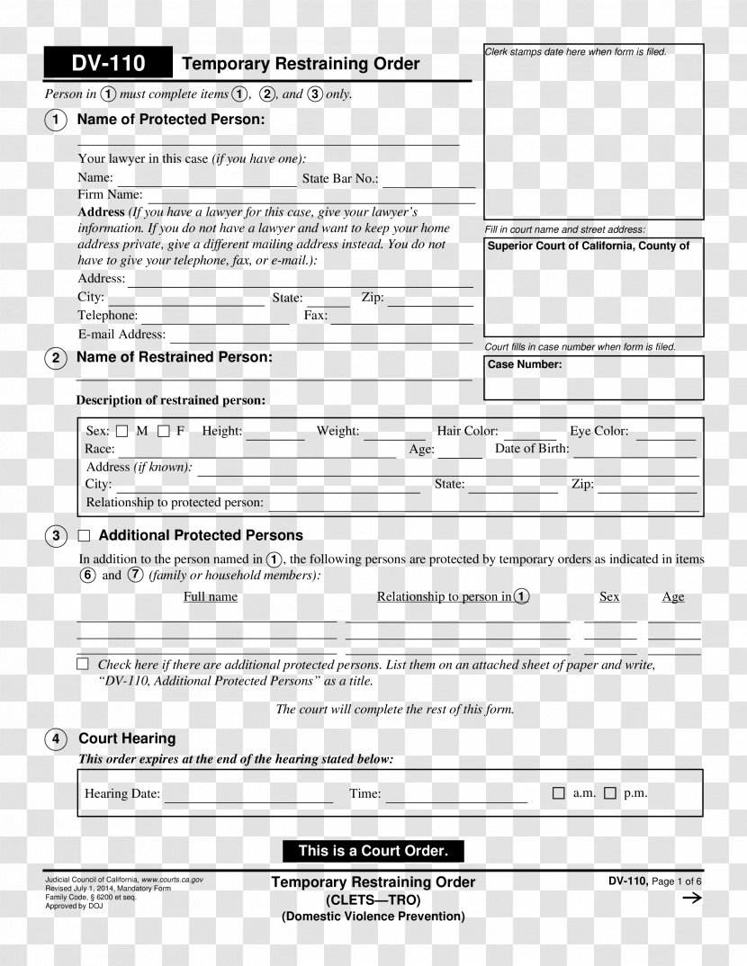 Restraining Order Template Form Domestic Violence California - Court Transparent PNG