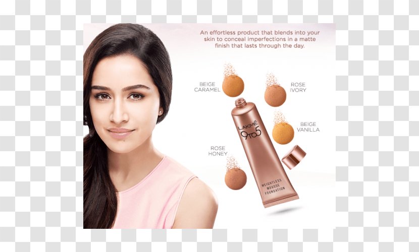 Shraddha Kapoor Lakmé Cosmetics 9 To 5 Weightless Mousse Foundation - Eyelash - Lipstick Transparent PNG