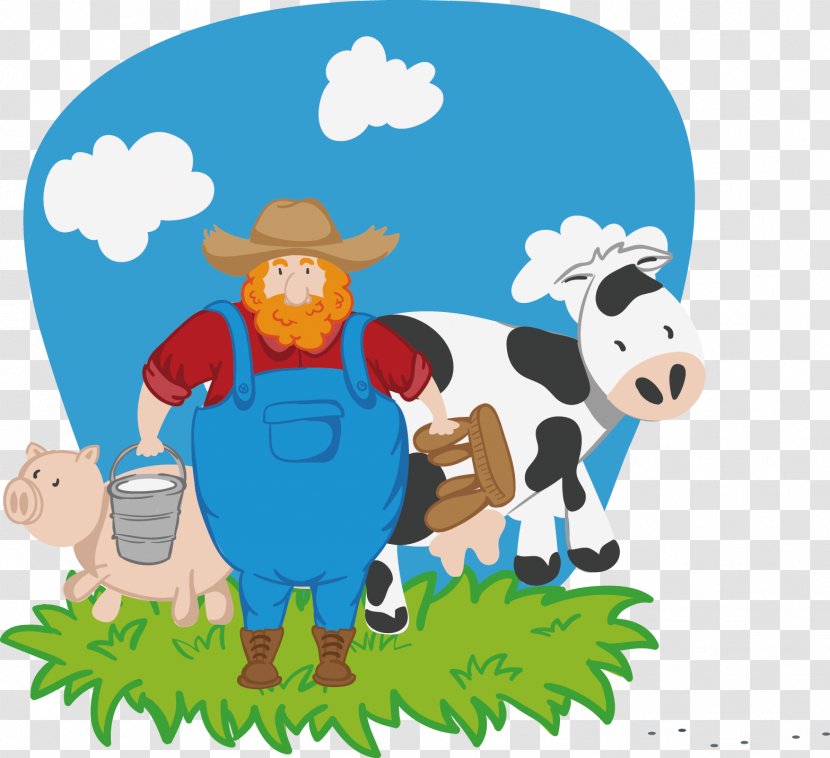 Cattle Farmer Cartoon - Organism - Cow Grass Transparent PNG