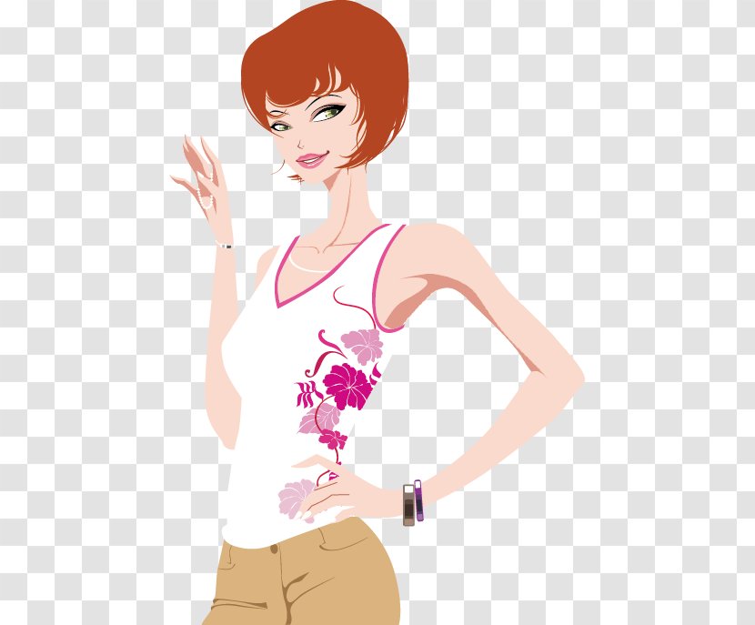 Cartoon Fashion Woman Illustration - Heart - Akimbo Red Hair Beauty Vector Material Transparent PNG