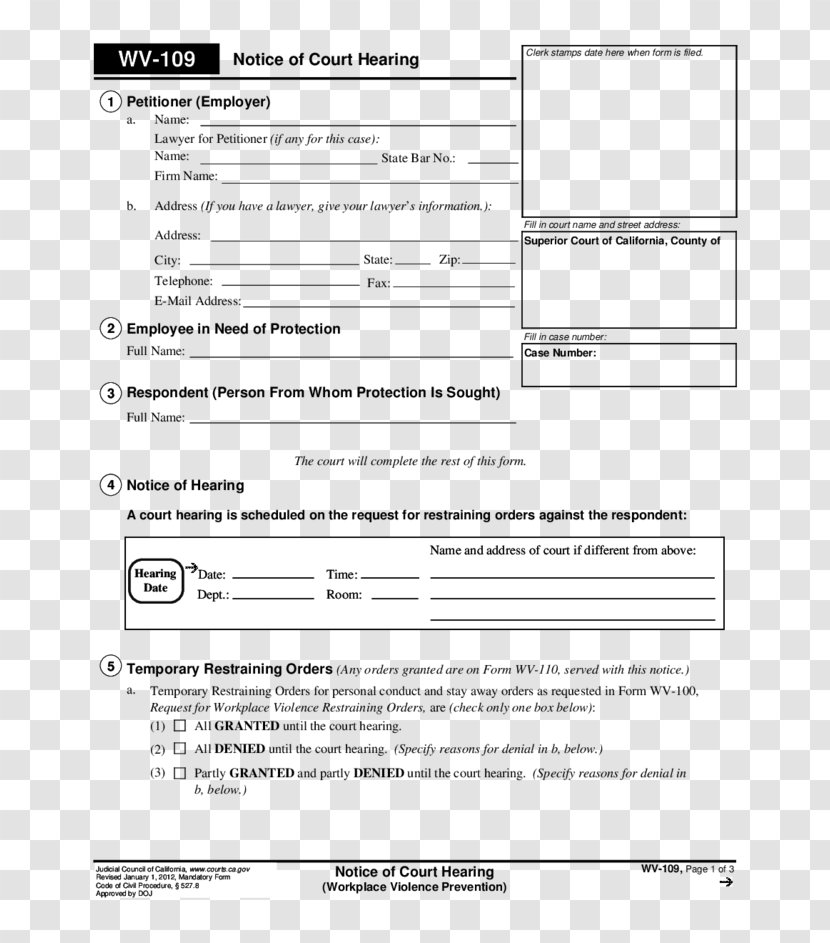 Civil Harassment Restraining Order Form Court Template - Black And White - Lence Transparent PNG