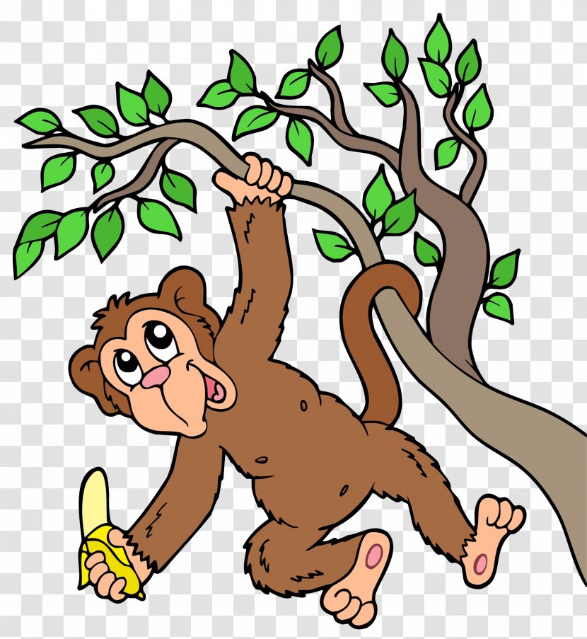 Chimpanzee Monkey Tree Clip Art - Wildlife - The Gorilla Is Hanging On A And Eating Bananas Transparent PNG