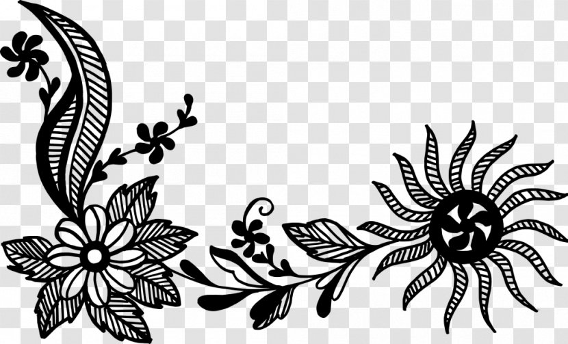 Border Flowers Butterfly Floral Design - Black And White - Flower Banner Transparent PNG