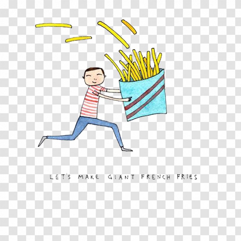 French Fries Drawing Watercolor Painting Illustration - Boy Running Holding Transparent PNG