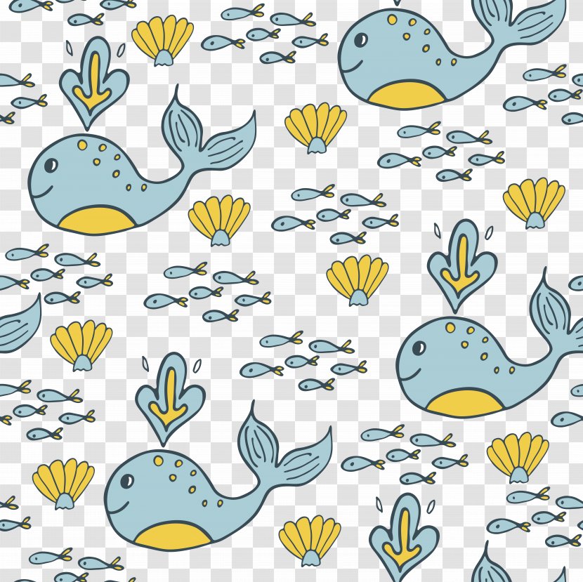 Cartoon Whale - Flora - Seamless Background Vector Transparent PNG