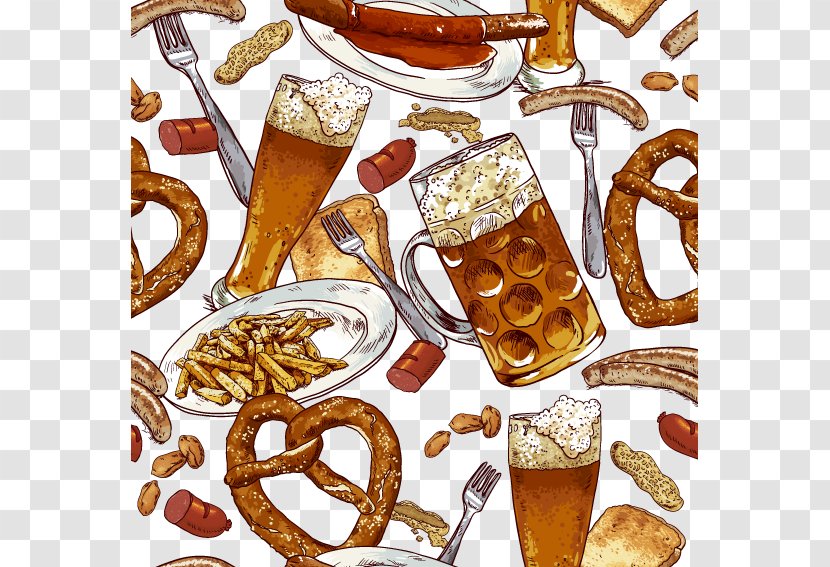 Beer Sausage Hot Dog Oktoberfest Pretzel - Glassware - Vector Transparent PNG