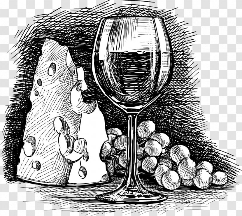Wine Glass Common Grape Vine Cheese - Stemware - Sketch Illustration Transparent PNG