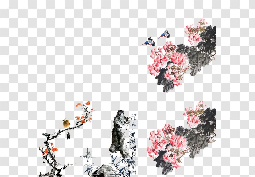Bird-and-flower Painting Ink Wash Shan Shui Gongbi Watercolor - Mural - Plum Flower Transparent PNG