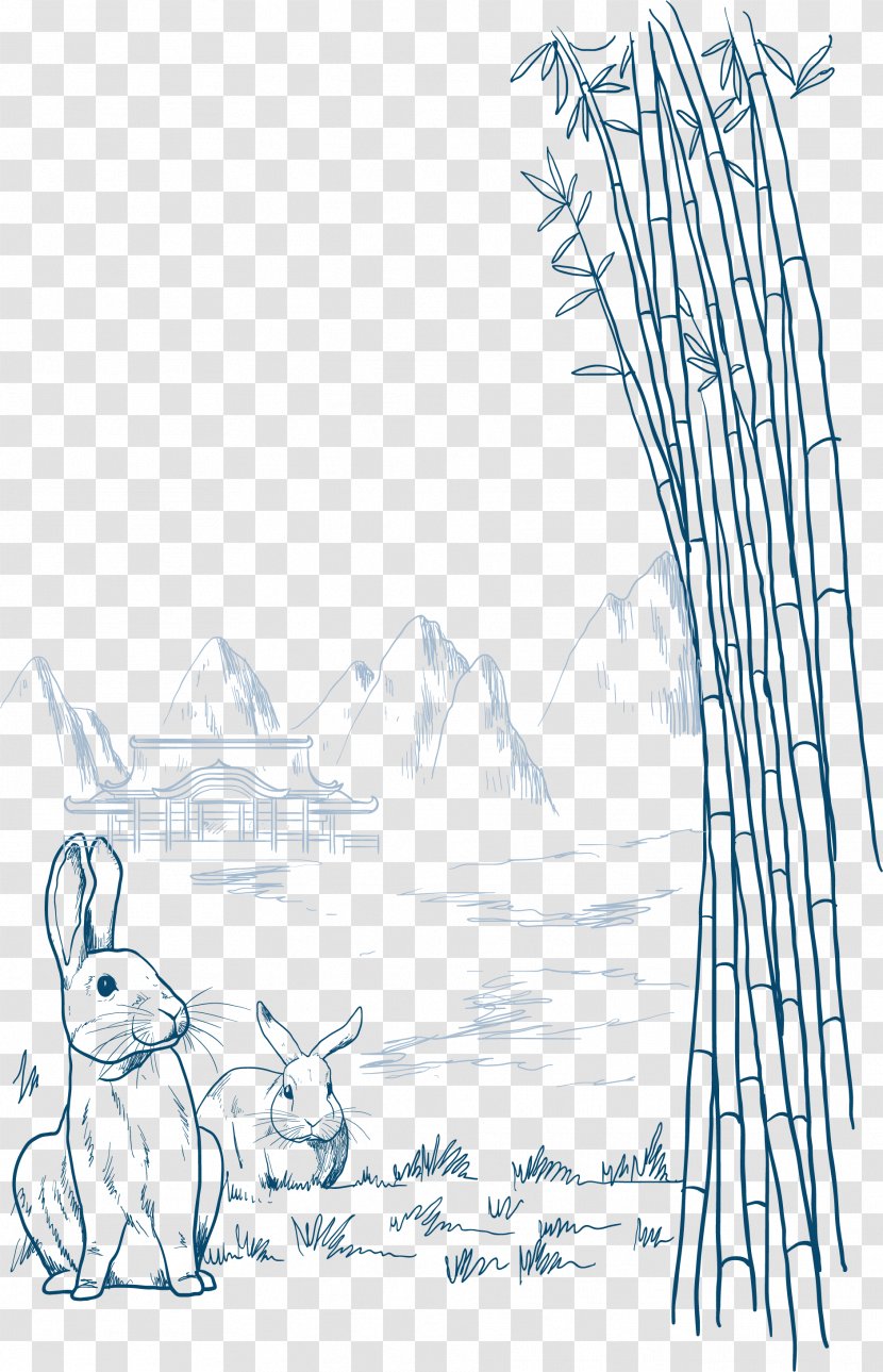 Rabbit Mid-Autumn Festival Illustration - Branch - Hand Painted Bamboo Forest Transparent PNG
