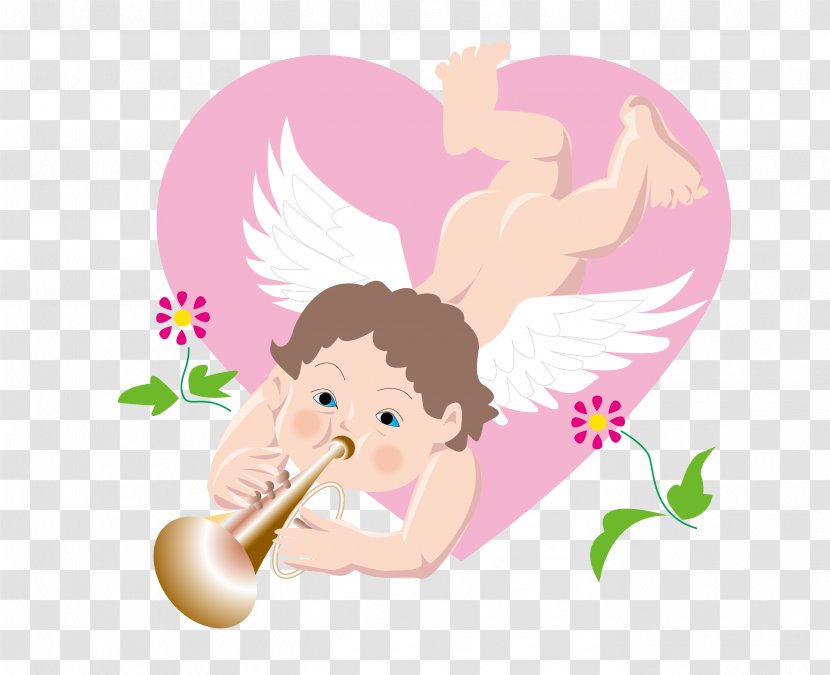 Cupid Valentines Day Illustration - Heart - Cartoon Love Blowing Trumpet Transparent PNG