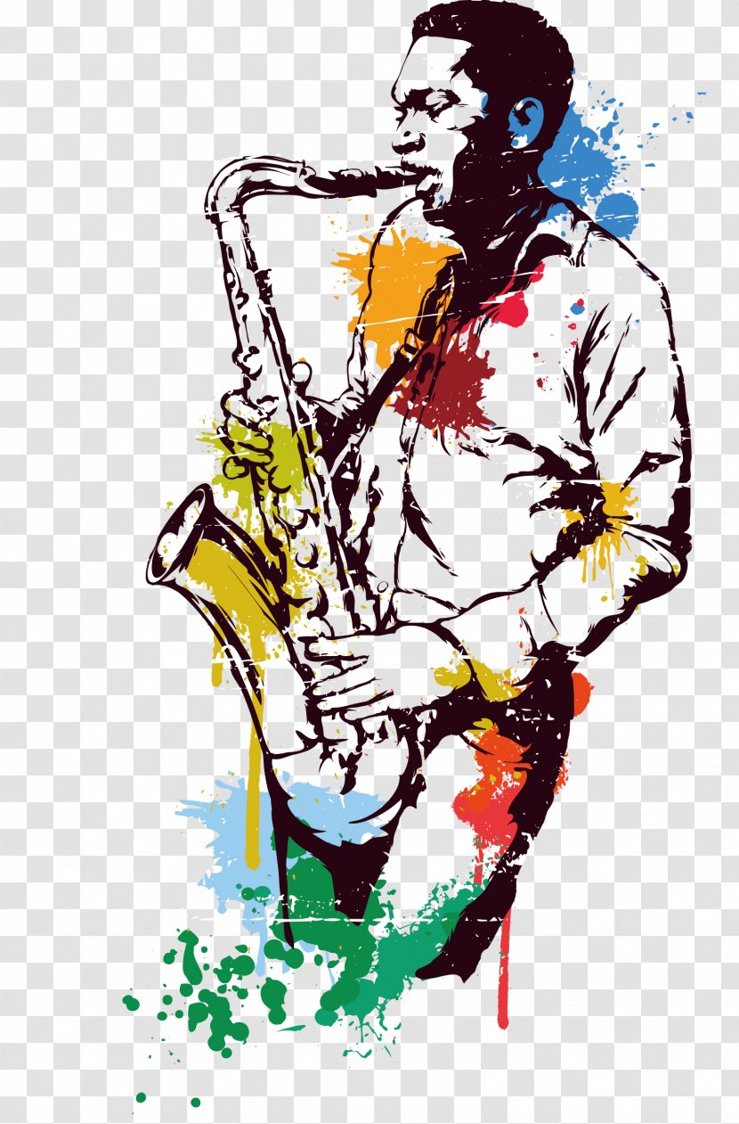 Saxophone Jazz - Silhouette - Stained Water Saxophonist Transparent PNG