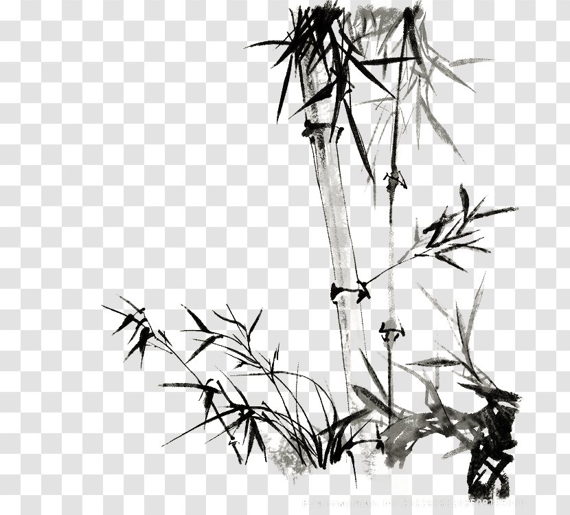 Ink Wash Painting Bamboo Chinese Chinoiserie Bird-and-flower - Plant Stem - Hand-painted Transparent PNG