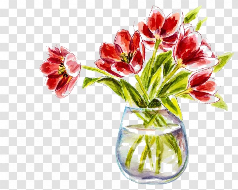 Watercolor Painting Vase Photography Illustration - Gouache Tulip Picture Material Transparent PNG