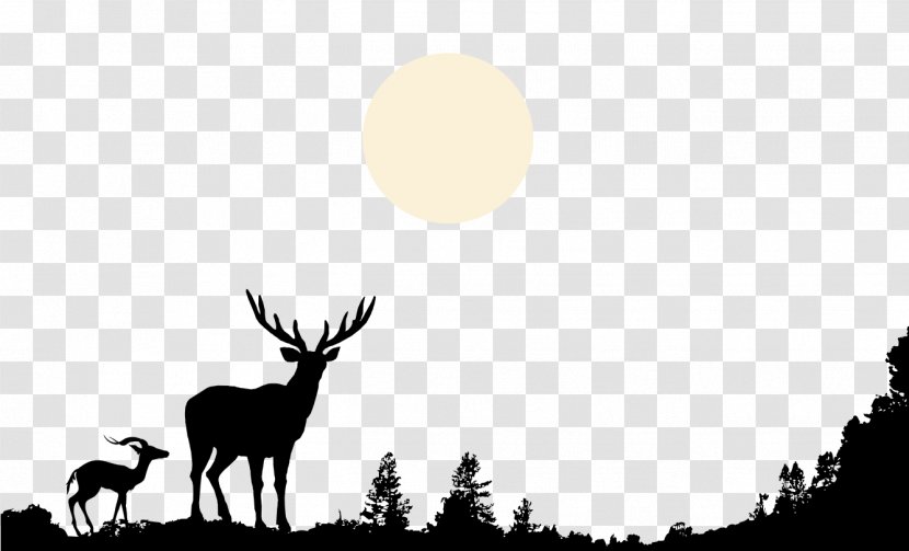 Deer Nature Wildlife Clip Art - Scalable Vector Graphics - Hand-painted Black And White Silhouette Hilltop Forest Moon Transparent PNG