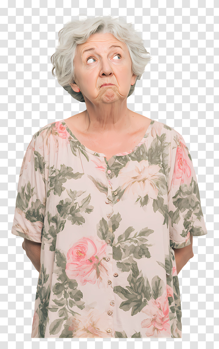 Displeased Senior Woman - Elderly Woman In Floral Dress With Thoughtful Expression Transparent PNG
