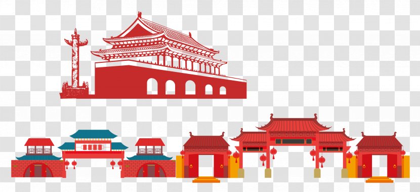 Anhui Paifang 19th National Congress Of The Communist Party China - Flat Design - Flattened Chinese Gate Tower Decorated With Imperial Palace Transparent PNG