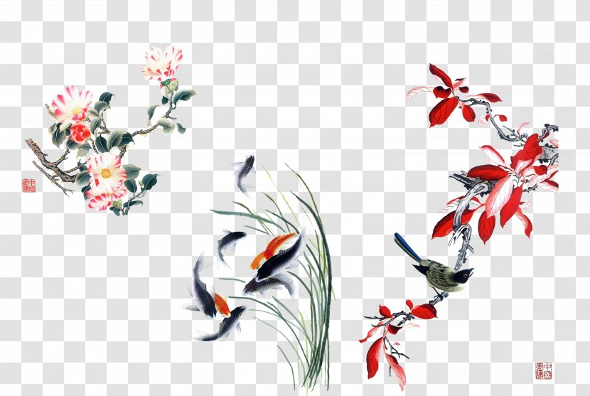Ink Wash Painting Gongbi - Pattern - Retro Flower Transparent PNG