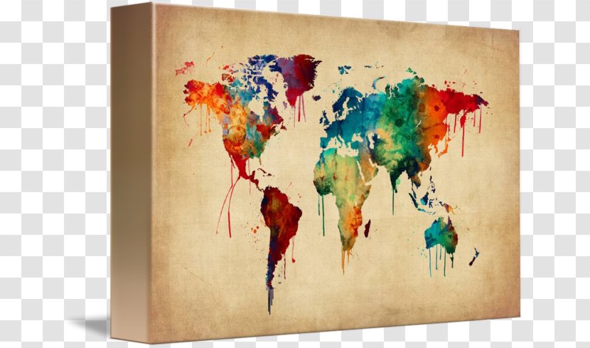 World Map Watercolor Painting Canvas Print - Watercolour Transparent PNG