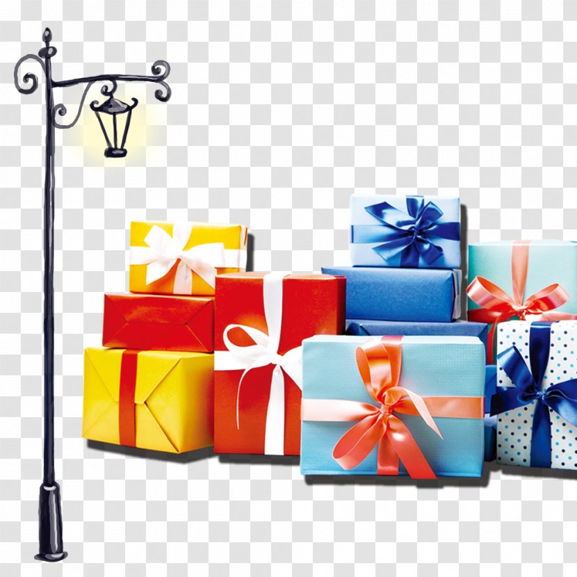 Santa Claus Gift Christmas Ribbon - Gratis - Lamppost And Boxes Transparent PNG