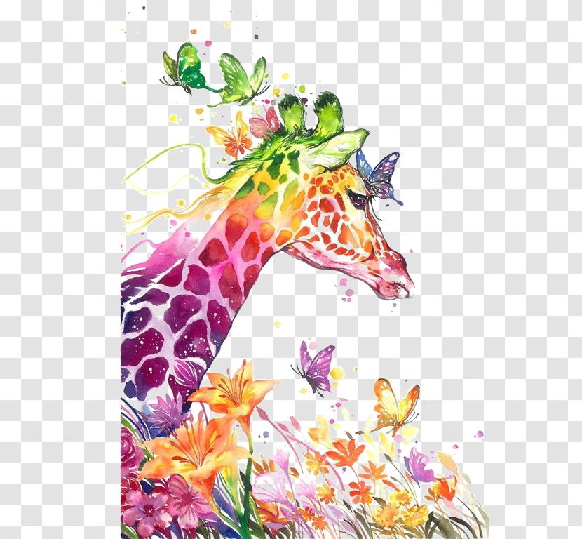 Watercolor Painting Drawing Visual Arts Canvas Print - Floral Design - Giraffe Transparent PNG