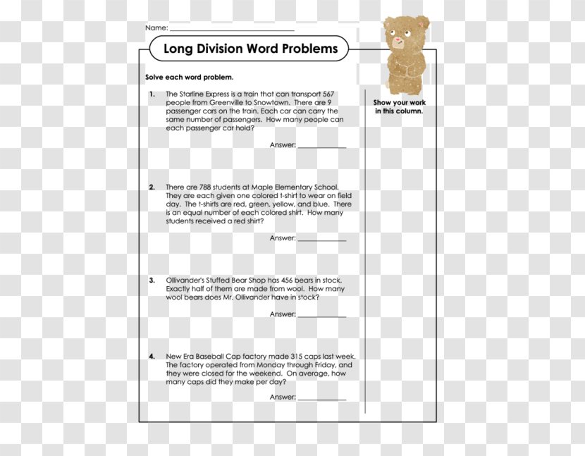 Word Problem Worksheet Long Division Mathematics - Paper - Problems Transparent PNG