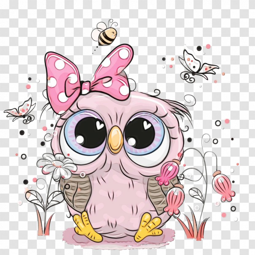 Owl Pink Cartoon Bird Of Prey - Wet Ink Transparent PNG