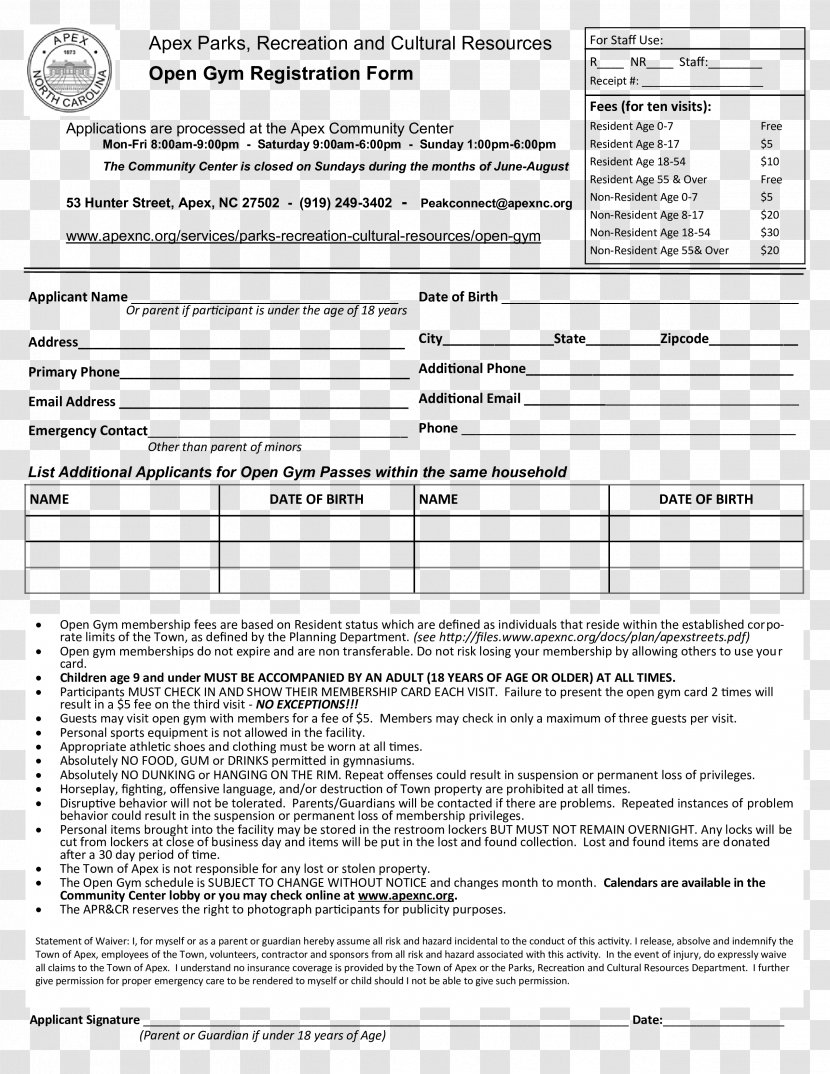 Template Document Fitness Centre Form Application For Employment - Physical - Registration Transparent PNG