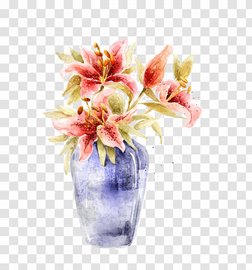 Vase Watercolor Painting - Floristry - Hand Painted Red Lily Transparent PNG