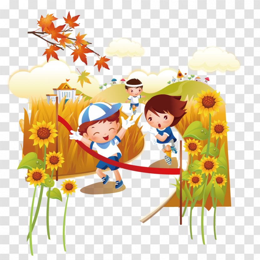 Child Running Clip Art - Floral Design - In The Field Of Road Racing Pupils Transparent PNG