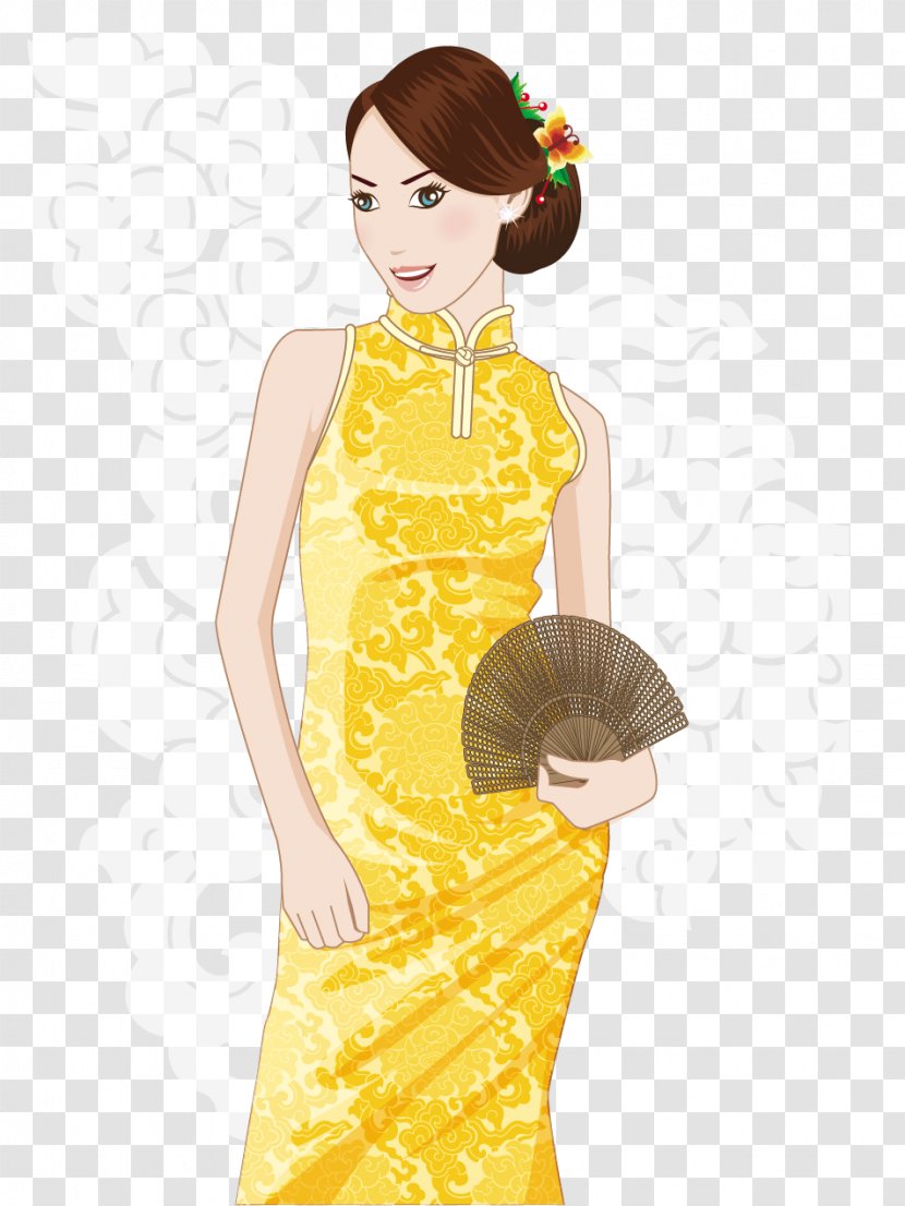 Cheongsam Drawing Illustration - Silhouette - Take Yellow Dress Folding Fan Vector Beauty Transparent PNG