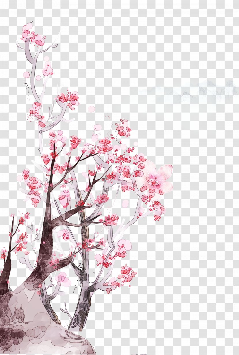 Watercolor Floral Background - Cherry Blossom - Plant Stem Paint Transparent PNG