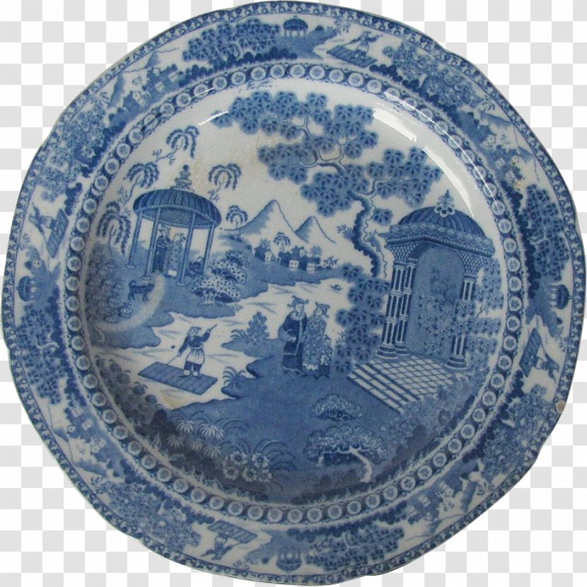 Blue And White Pottery Plate Tableware Antique Transferware - Willow Pattern - Chinoiserie Transparent PNG