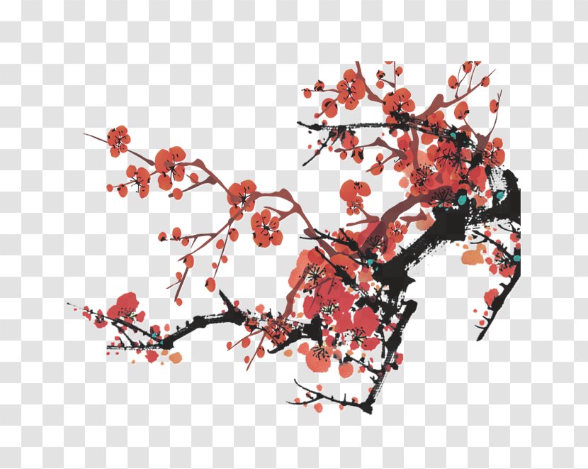 Plum Blossom Chinese Painting Ink Wash - Art - Beautiful Fine Peach Flowers Branch Transparent PNG