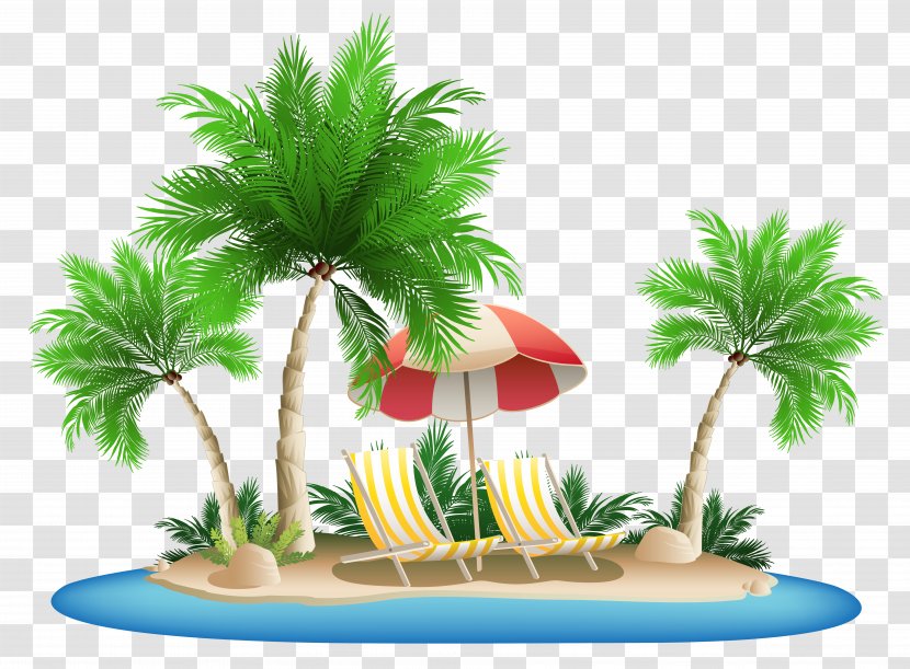 Palm Islands Hawaii Clip Art - Flowerpot - Beach Umbrella With Chairs And Island Clipart Transparent PNG