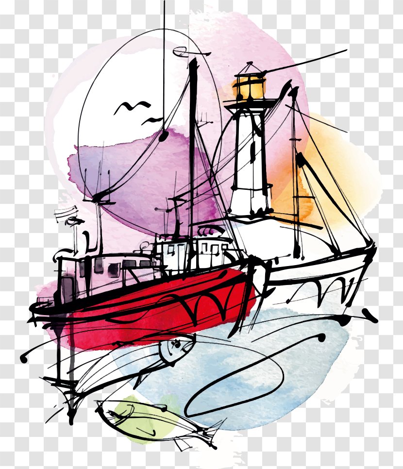 Watercolor Painting Mu1ef9 Thuu1eadt Illustration - Boat - Vector Ship And Lighthouse Transparent PNG