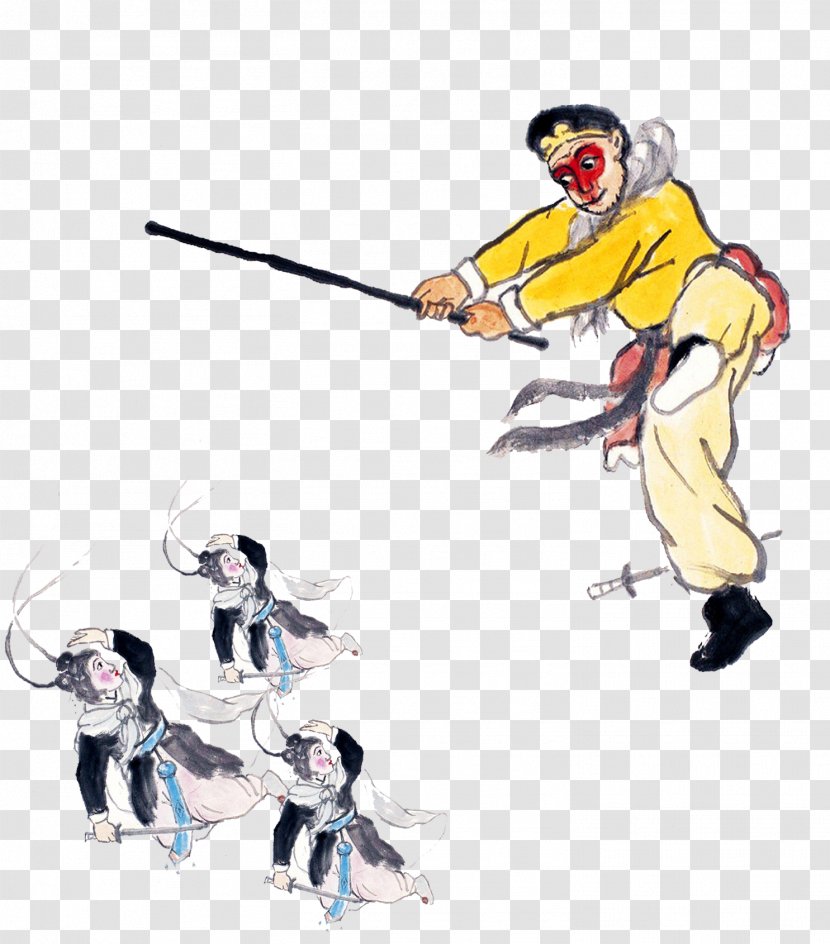 Sun Wukong Baigujing Journey To The West Xuanzang Pigsy - Watercolor - Monkey Playing Monster Ink Painting Style Transparent PNG