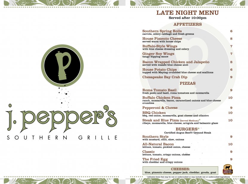 J. Pepper's Southern Grille Restaurant Cuisine Of The United States Menu Logo - Online Food Ordering Transparent PNG