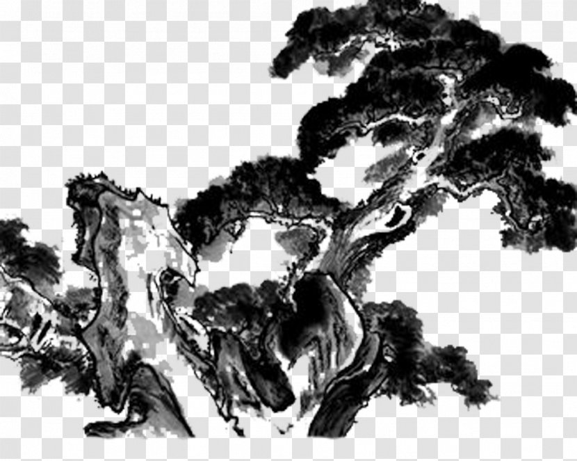 Ink Wash Painting Chinese Tree - Black And White - Rock Transparent PNG