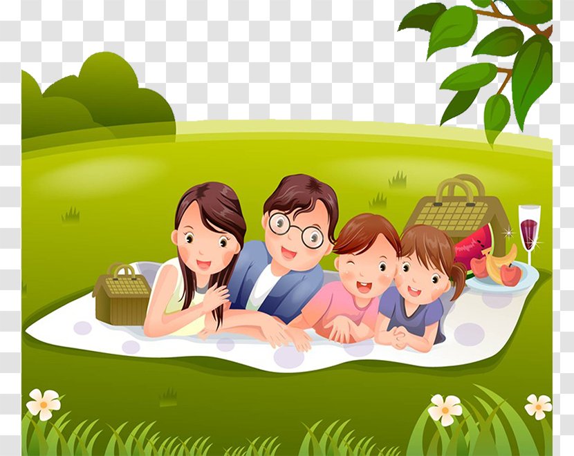 Child Cartoon Illustration - Play - A Family Lying On The Grass Transparent PNG