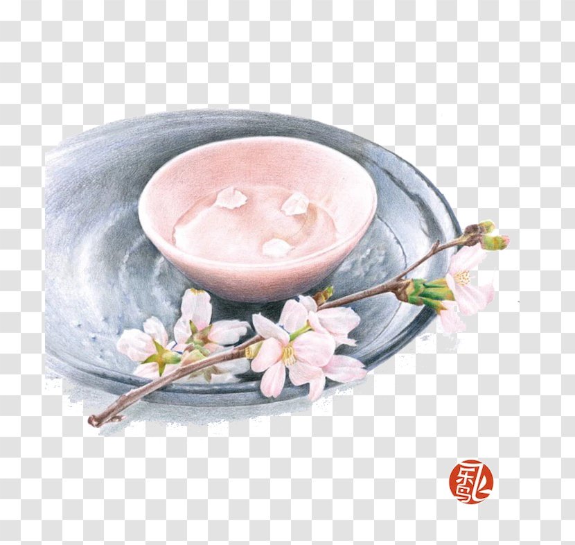 Paper Colored Pencil Watercolor Painting Chinese - Plate - Iron Pan Pink Bowl And Flowers Transparent PNG