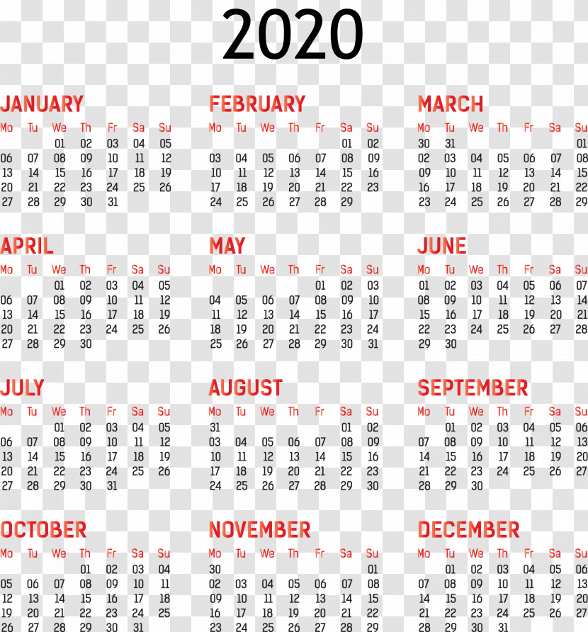 2020 Yearly Calendar Printable 2020 Yearly Calendar Template Full Year Calendar 2020 Transparent PNG