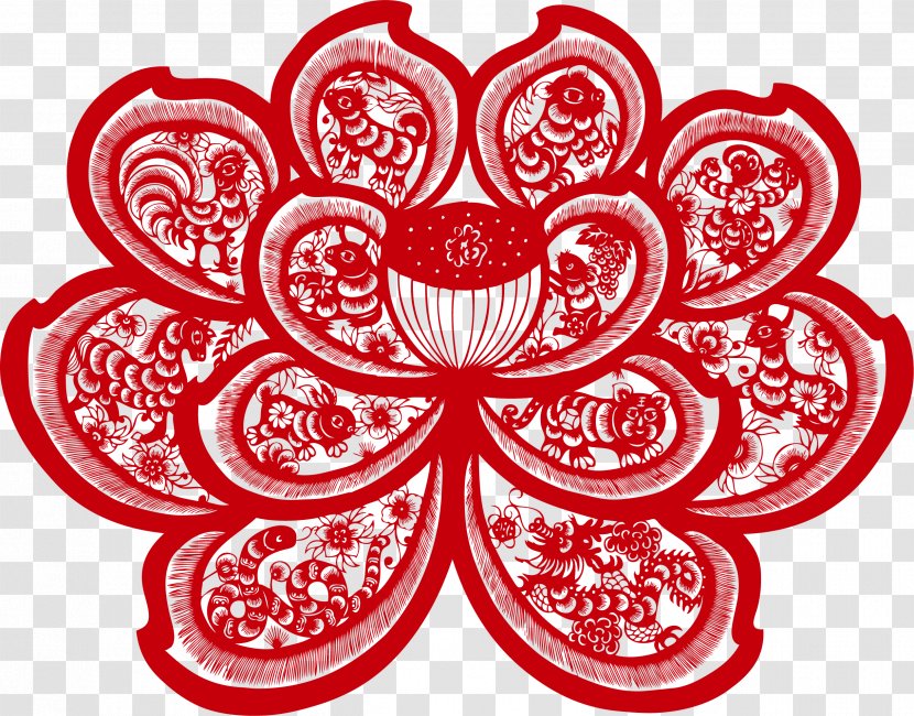 Lotus 12 Papercutting Chinese Paper Cutting Art - Valentine S Day - Vector Red Transparent PNG