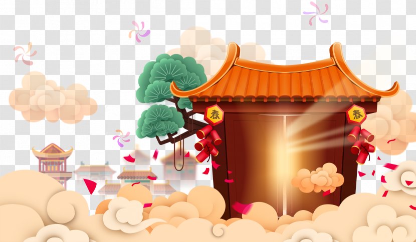 Creative Flat House Tree Cloud Background - Chinese Culture - Food Transparent PNG