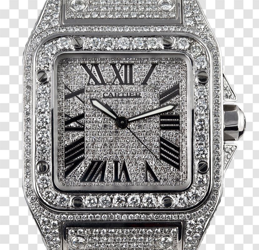 Cartier Santos 100 Watch Diamond Bracelet - Platinum Transparent PNG