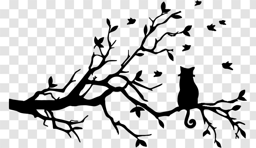 Cat Felidae Silhouette Tree Kitten - Twig - Black And White Flowers Branch Decorative Backgrou Transparent PNG